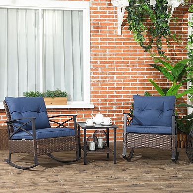 Outsunny 3pc Rocking Chair Set w/ Cushions, Wicker Bistro Set