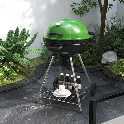 Outsunny 21 Kettle Charcoal BBQ Grill Barbecue Smoker with 360 sq.in. Cooking Area Wheels Ash Catcher Green