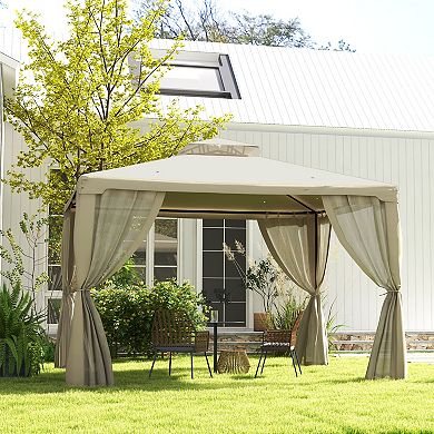 9.6' X 11.6' Outdoor Patio Gazebo Pavilion Canopy Tent W/ 2-tier Roof Cream