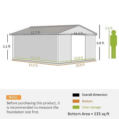 Outsunny 11ft x 12.6' Storage Shed Garden Tool House w/ Vents Doors Charcoal