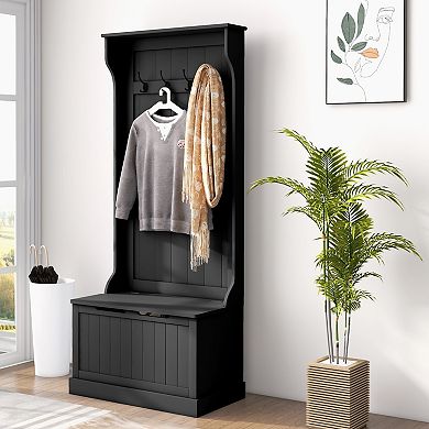 Hall Tree With Storage Cabinet Seat Coat Hanger Sturdy Simple Black