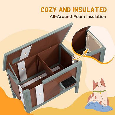Pawhut outdoor Cat House, Wooden Feral Cat House W/ Removable Floor, Brown