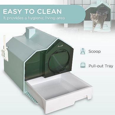 Pawhut Hooded Cat Litter Box W/ Litter Mat, Litter Particle Catching, Blue