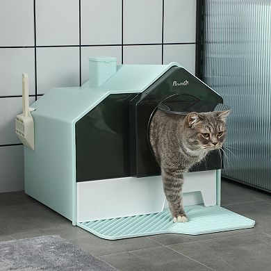 Pawhut Hooded Cat Litter Box W/ Litter Mat, Litter Particle Catching, Blue