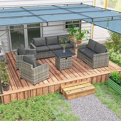 Outsunny Patio Furniture Set W/ Cushions, Sofa Set W/ Fire Pit Table, Gray