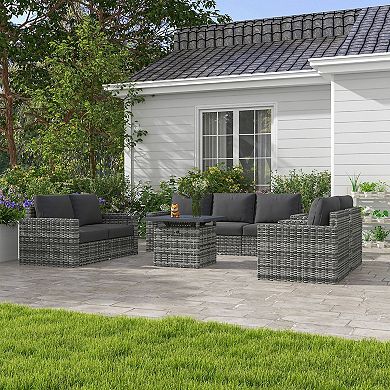 Outsunny Patio Furniture Set W/ Cushions, Sofa Set W/ Fire Pit Table, Gray
