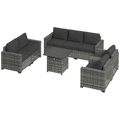 Outsunny Patio Furniture Set W/ Cushions, Sofa Set W/ Fire Pit Table, Gray