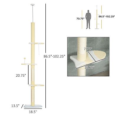 87 -103 Inch Floor To Ceiling Cat Tree Height Adjustable With Toy Balls, Yellow