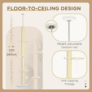 87 -103 Inch Floor To Ceiling Cat Tree Height Adjustable With Toy Balls, Yellow