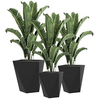 Outsunny Outdoor Planters Set Of 3 With Drainage Holes, Flower Pots, Black