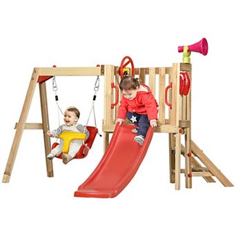 4 in 1 Wooden Swing Set With Swing, Slide, Horn, Steering Wheel