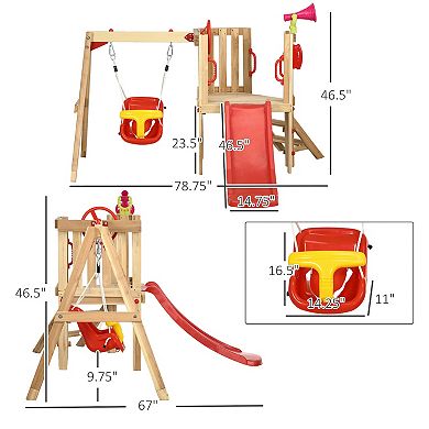 4 In 1 Wooden Swing Set With Swing, Slide, Horn, Steering Wheel