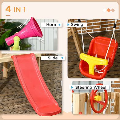 4 In 1 Wooden Swing Set With Swing, Slide, Horn, Steering Wheel