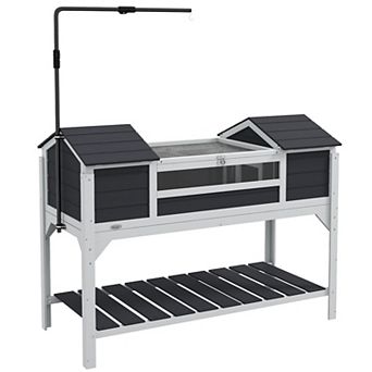 Pawhut Wooden Tortoise Habitat W/ Adjustable Lamp Holder 2 Houses, Gray