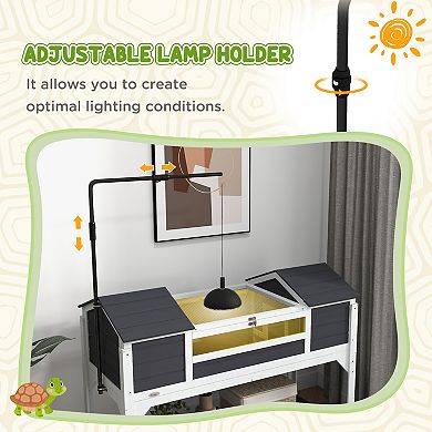 Pawhut Wooden Tortoise Habitat W/ Adjustable Lamp Holder 2 Houses, Gray