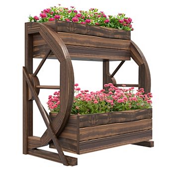 Outsunny Wooden Wagon Planter Box, Decorative 2 tier Raised Garden Bed