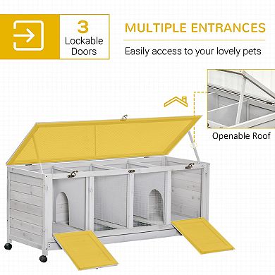 PawHut Wooden Rabbit Hutch with Wheels, Dividers for Indoor Use