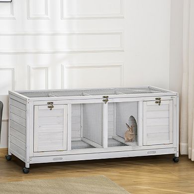 Wooden Rabbit Hutch With Wheels, Dividers For Indoor Use