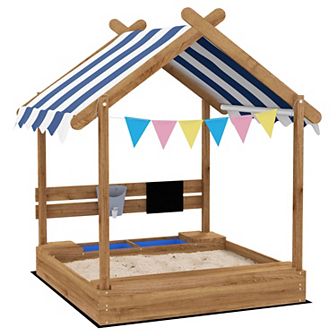 Wooden Sandbox With Canopy House Design For 3-7 Years Old, Brown