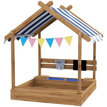 Outsunny Wooden Sandbox with Canopy House Design for 3-7 Years Old