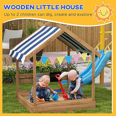 Wooden Sandbox With Canopy House Design For 3-7 Years Old, Brown