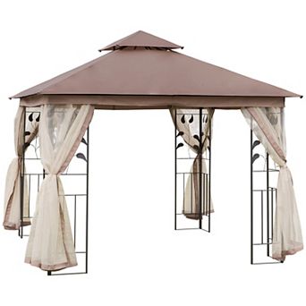 10' X 10' Outdoor Patio Gazebo Canopy Roof Steel Frame W/ Mesh Sidewalls, Brown