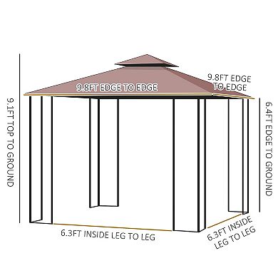10' X 10' Outdoor Patio Gazebo Canopy Roof Steel Frame W/ Mesh Sidewalls, Brown