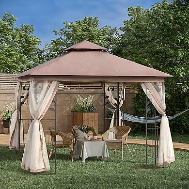 10' X 10' Outdoor Patio Gazebo Canopy Roof Steel Frame W/ Mesh Sidewalls, Brown
