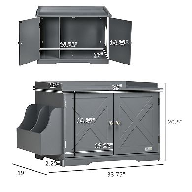Litter Box Enclosure Cat Washroom Indoor Pet House Side Table W/ Storage, Grey