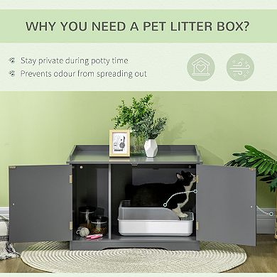 Litter Box Enclosure Cat Washroom Indoor Pet House Side Table W/ Storage, Grey