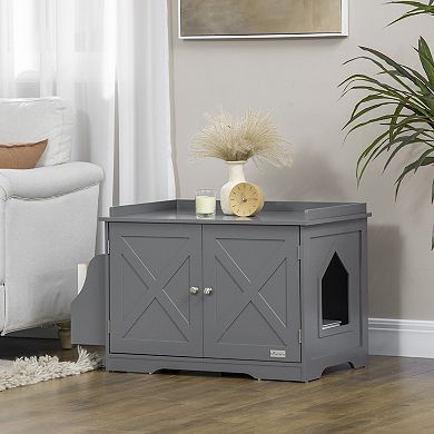 Litter Box Enclosure Cat Washroom Indoor Pet House Side Table W/ Storage, Grey