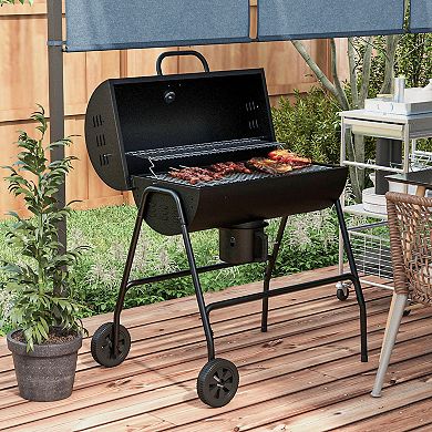 Outsunny Barrel Charcoal BBQ Grill, Wheeled Barbecue,