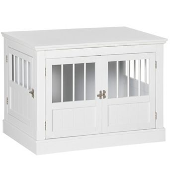 Dog Crate End Table For Small Dogs Indoor Use With Triple Doors, White