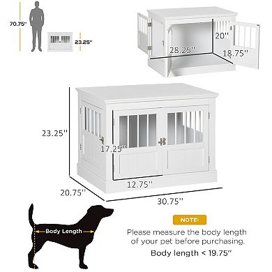 Dog Crate End Table For Small Dogs Indoor Use With Triple Doors, White