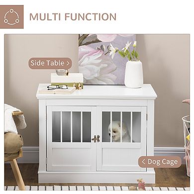 Dog Crate End Table For Small Dogs Indoor Use With Triple Doors, White