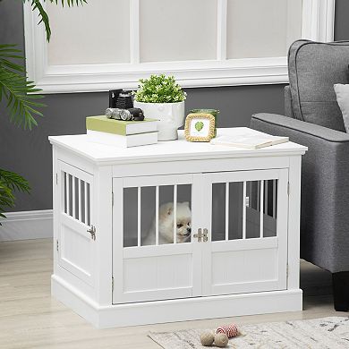 Dog Crate End Table For Small Dogs Indoor Use With Triple Doors, White