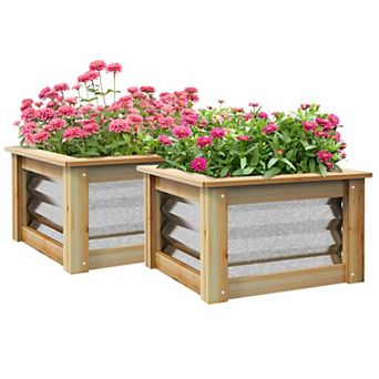 Outsunny Set Of 2 Raised Garden Beds, Metal And Wood Combined Planter Box
