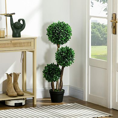 HOMCOM 3ft Artificial Tree, Three Ball Boxwood Topiary for Indoor Outdoor