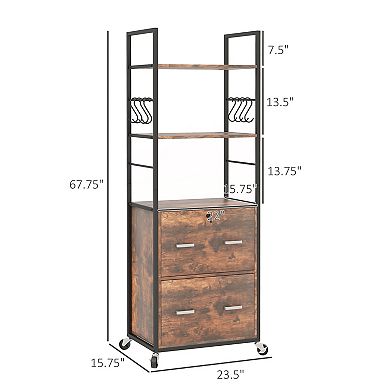 Vinsetto 2 Drawer Mobile File Cabinet With Lock & Hanging Bar, Rustic Brown