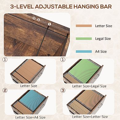 Vinsetto 2 Drawer Mobile File Cabinet With Lock & Hanging Bar, Rustic Brown