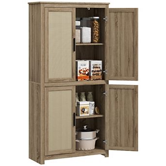 Homcom 64" Rattan Kitchen Storage Cabinet With Adjustable Shelf, Natural