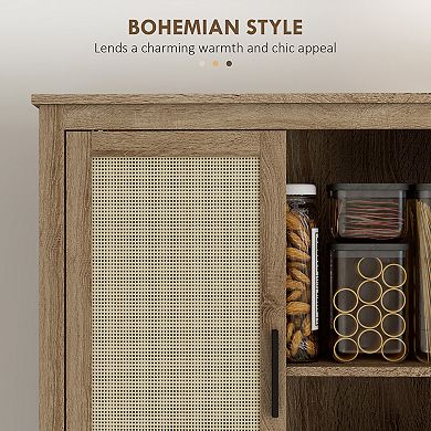 Homcom 64" Rattan Kitchen Storage Cabinet With Adjustable Shelf, Natural