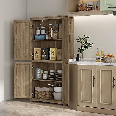 Homcom 64" Rattan Kitchen Storage Cabinet With Adjustable Shelf, Natural