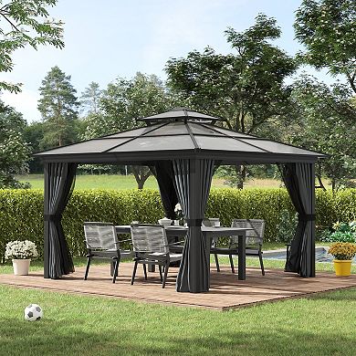 10' X 10' Patio Gazebo, Netting Curtains, Aluminum Frame, 2 Tier Pc Roof, Black