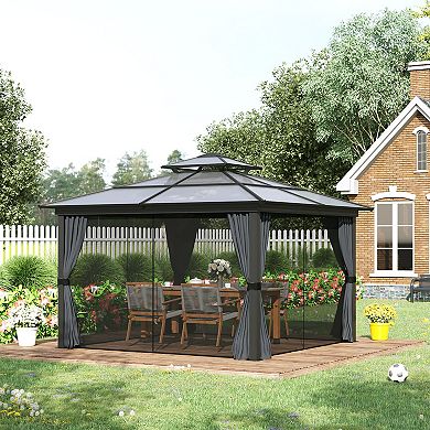 10' X 10' Patio Gazebo, Netting Curtains, Aluminum Frame, 2 Tier Pc Roof, Black