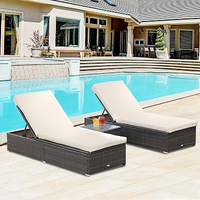 Outdoor 3pc Pe Wicker Patio Deck Chair Set W/ Thick Cushions & Table, Brown