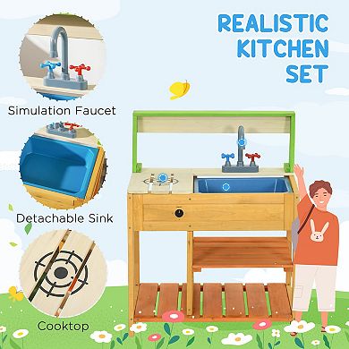 Outsunny Mud Kitchen, Outdoor Kitchen Playset For Kids W/ Faucet And Sink