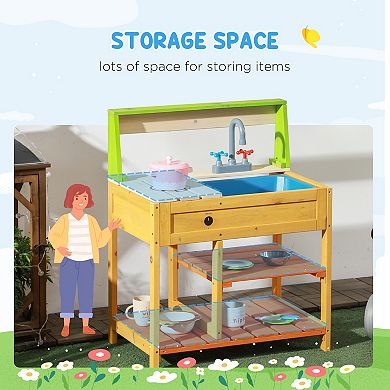Outsunny Mud Kitchen, Outdoor Kitchen Playset For Kids W/ Faucet And Sink