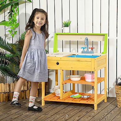 Outsunny Mud Kitchen, Outdoor Kitchen Playset For Kids W/ Faucet And Sink