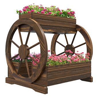 Outsunny Wooden Wagon Planter Box, Decorative 2 tier Raised Garden Bed
